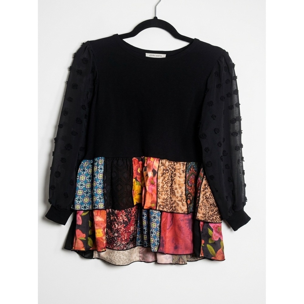 JOHN MARK Mixed Media Patchwork Tiered Swiss Dot Sleeve Top Blouse Petite Small